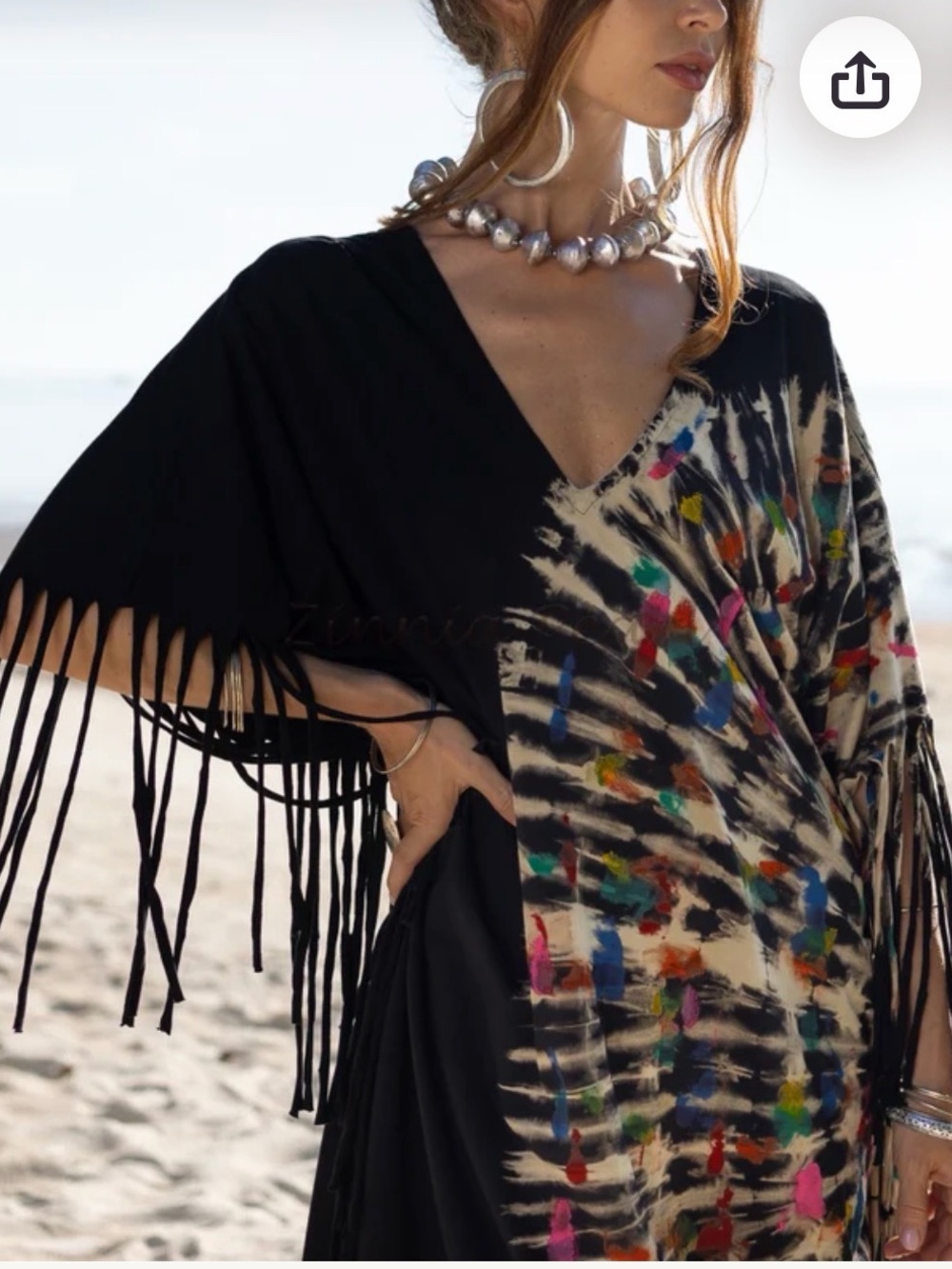 Women’s Black Tie-Dye Fringe Beach Cover-Up